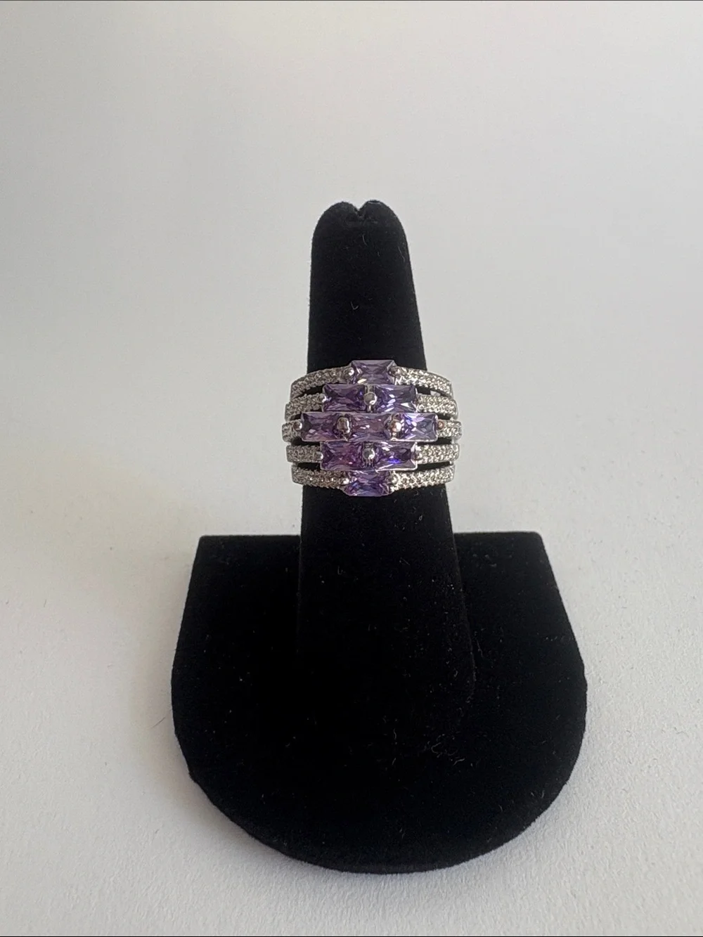 Purple Amethyst Cocktail Ring 9 Baguette Stones Size 7 Silver